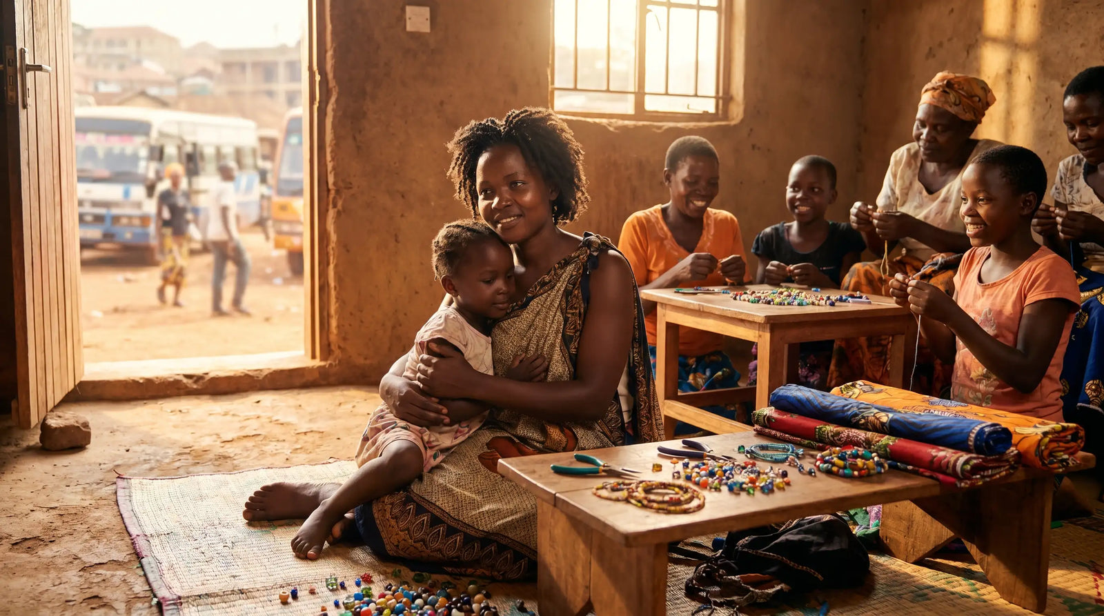 African women and children handcrafting bead jewelry and vibrant textiles in a sunlit community workshop.