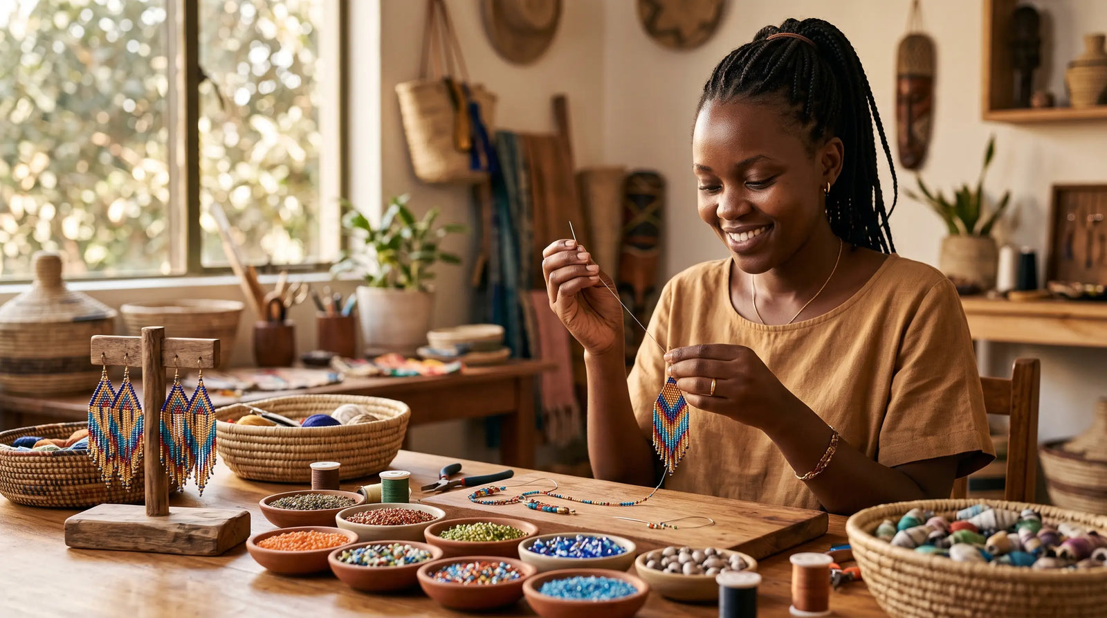 Smiling woman handcrafting colorful beaded earrings in a sunlit studio filled with artisan jewelry supplies.