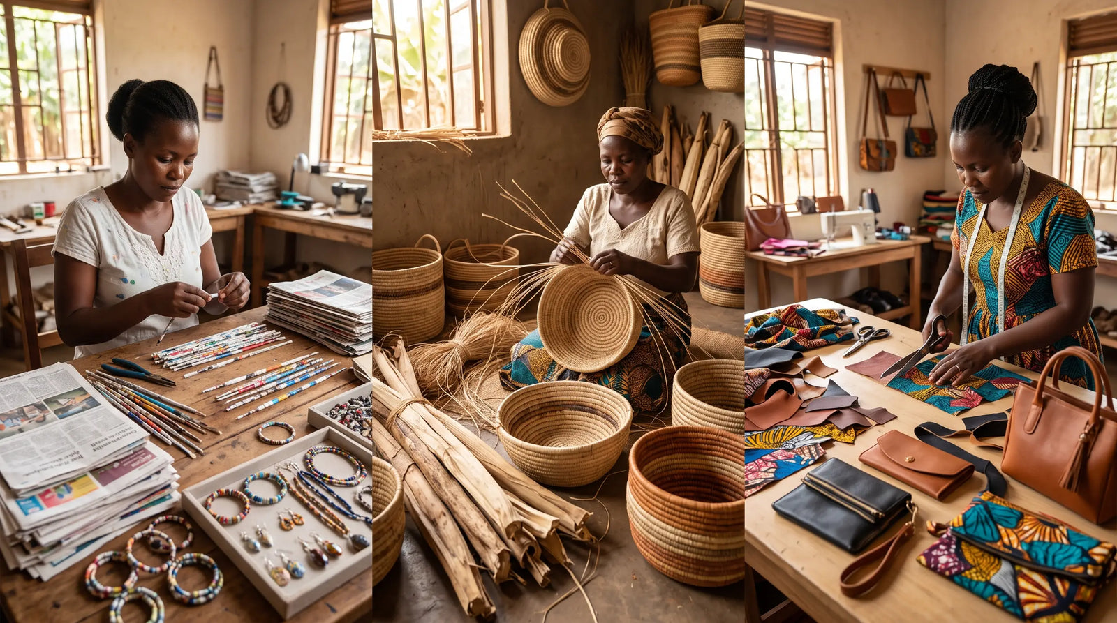 African women artisans crafting handmade paper jewelry, hand-woven baskets, and vibrant fabric handbags.