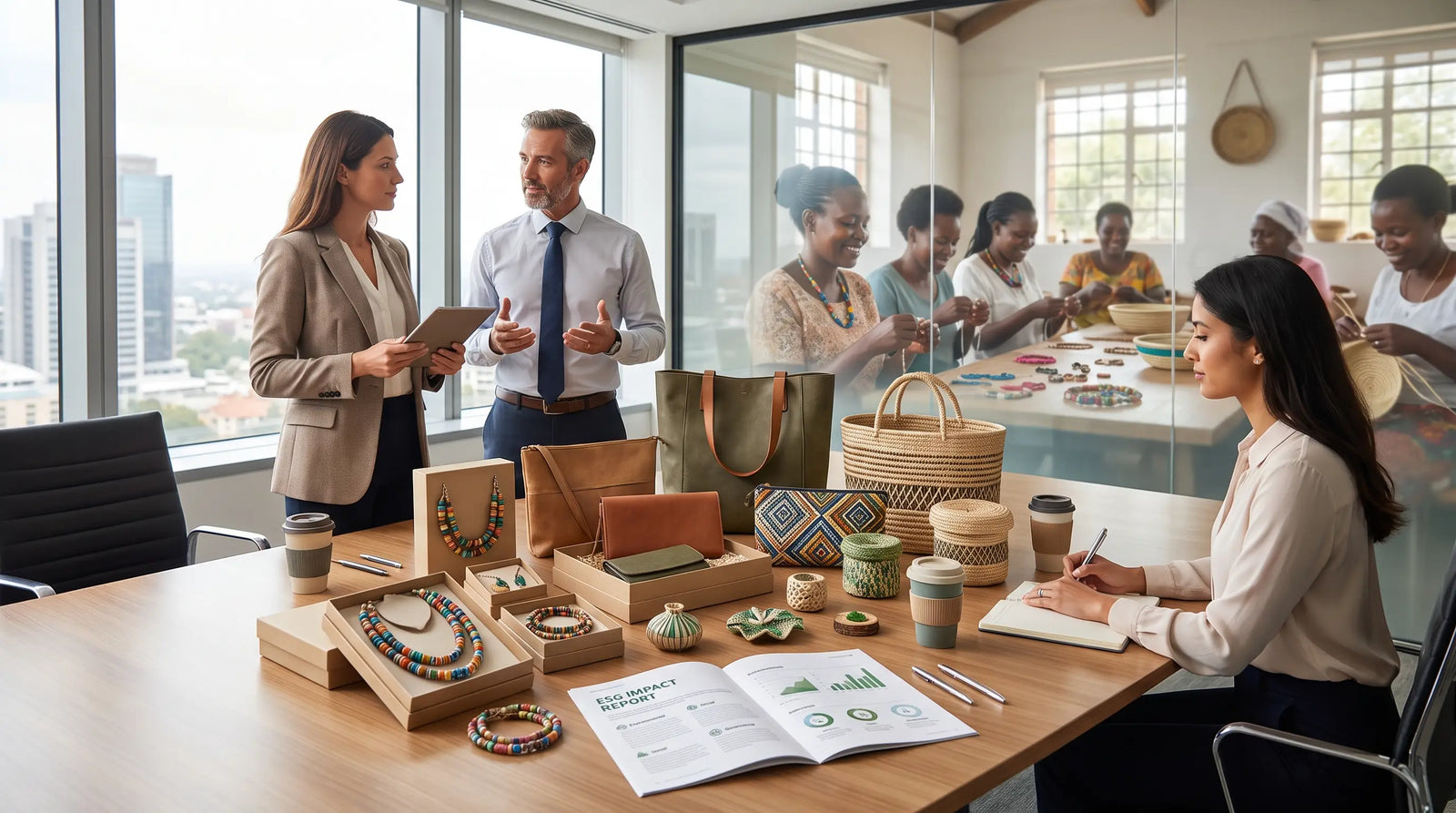 Professionals discuss ESG impact report with artisan jewelry and handcrafted bags, showcasing ethical fashion sourcing.