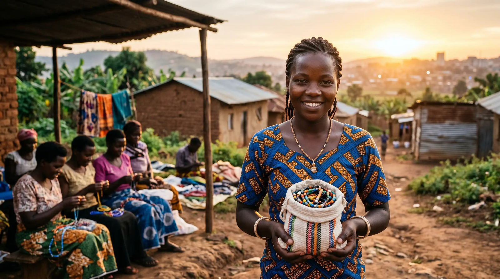 Smiling African artisan holds a pouch of handmade beaded jewelry in a village workshop at sunset.