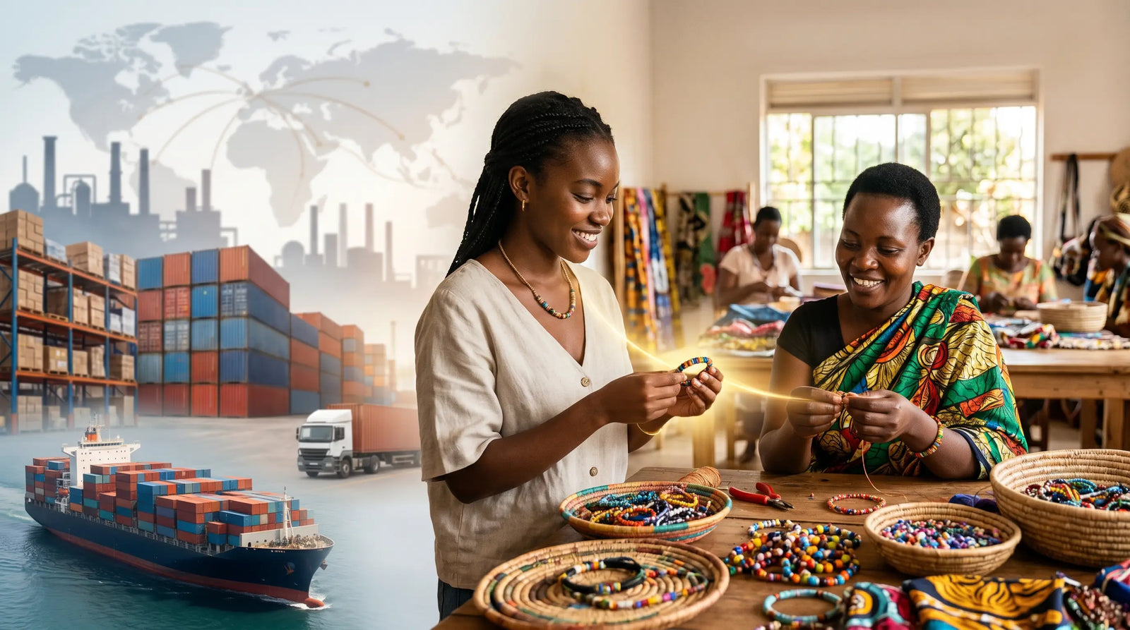 African artisans crafting beaded jewelry beside a collage of global shipping containers and logistics.