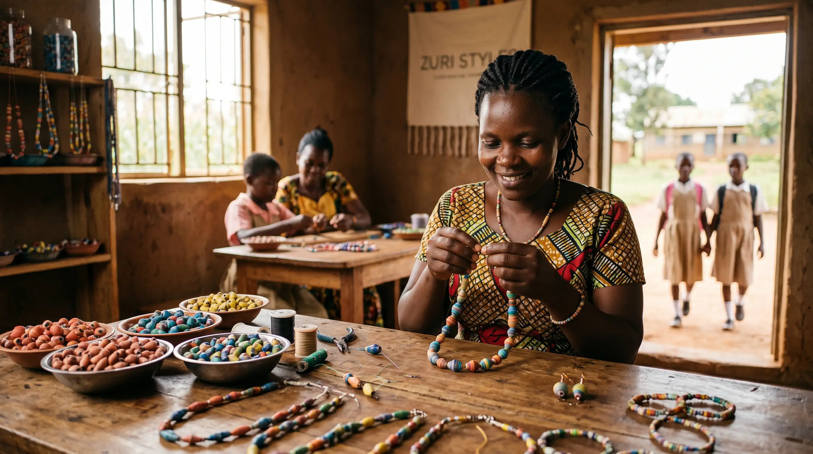 Smiling African artisan handcrafting a colorful bead necklace in a sunny workshop with vibrant handmade jewelry.