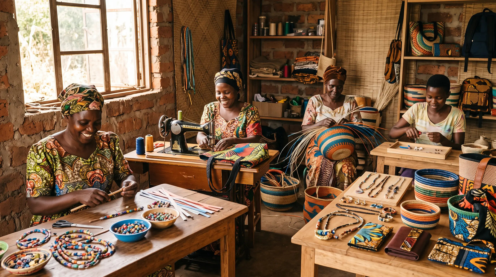 African women artisans crafting handmade jewelry and woven baskets in a bright workshop with sewing machines.
