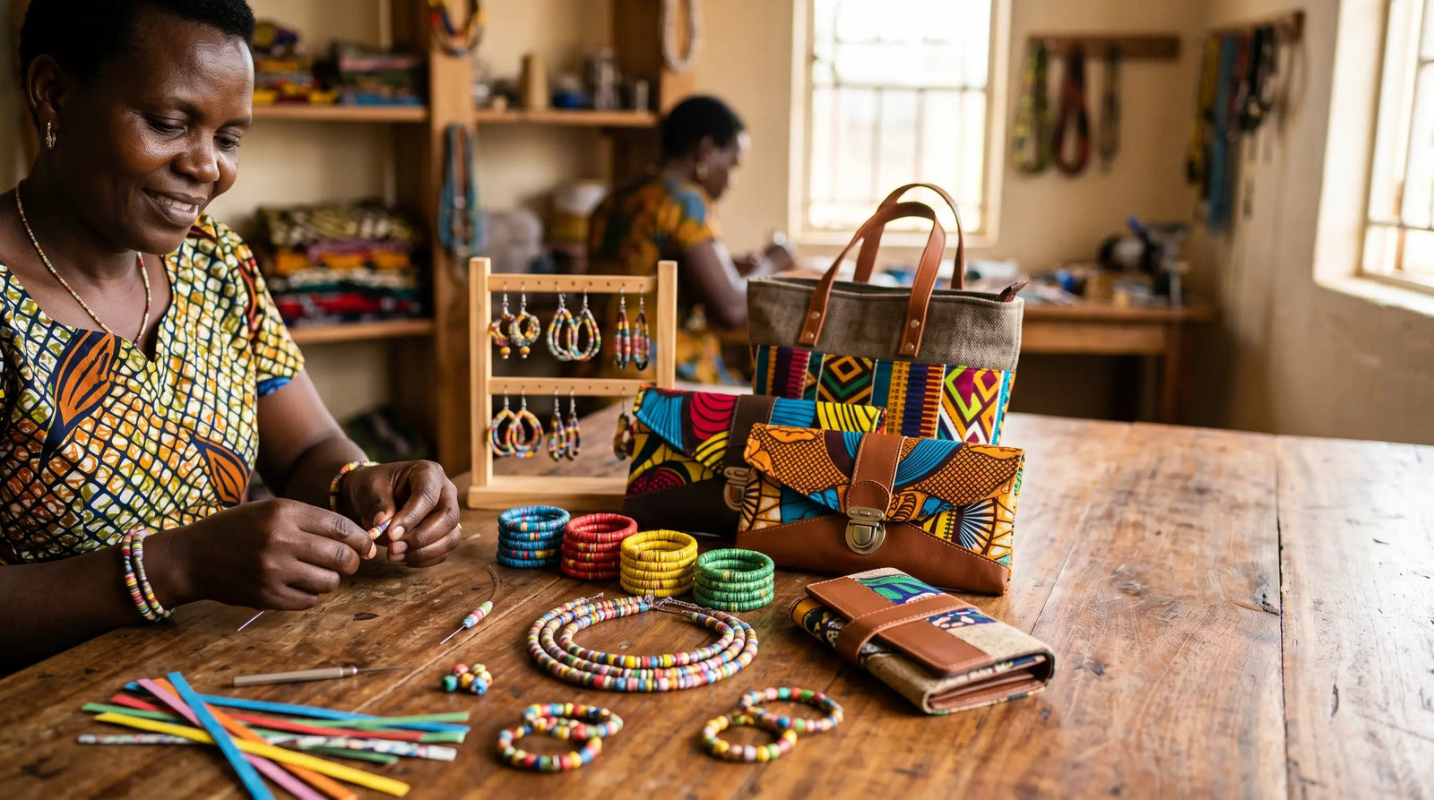 An artisan crafting colorful paper bead jewelry next to African print bags in a bright workshop.