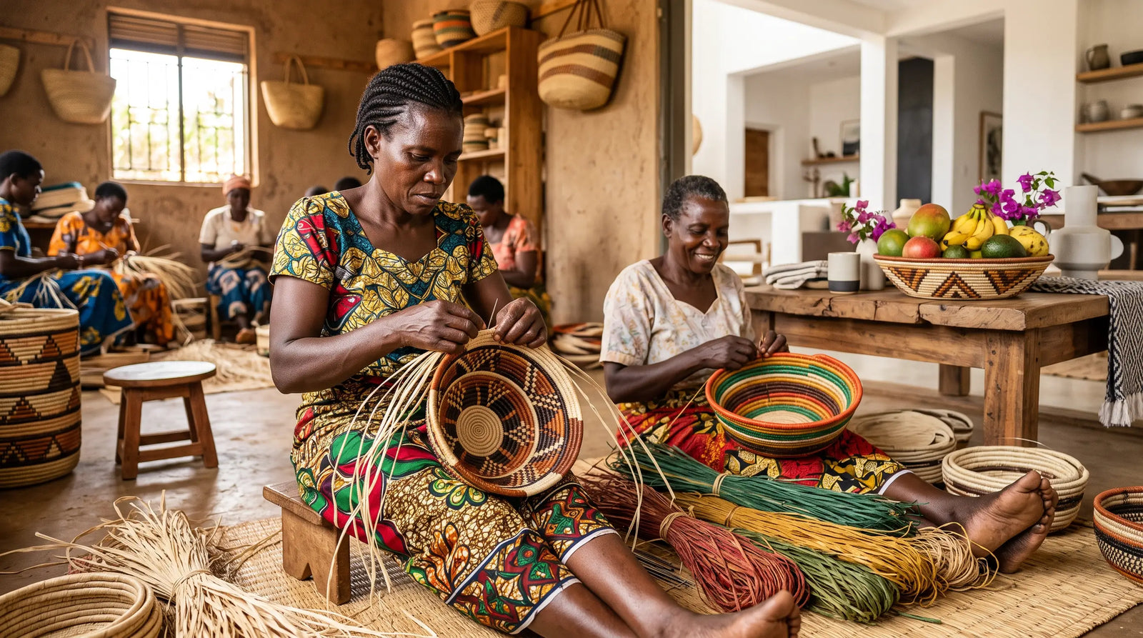African women weaving colorful handmade baskets in an artisan workshop, showcasing traditional craft and home decor.