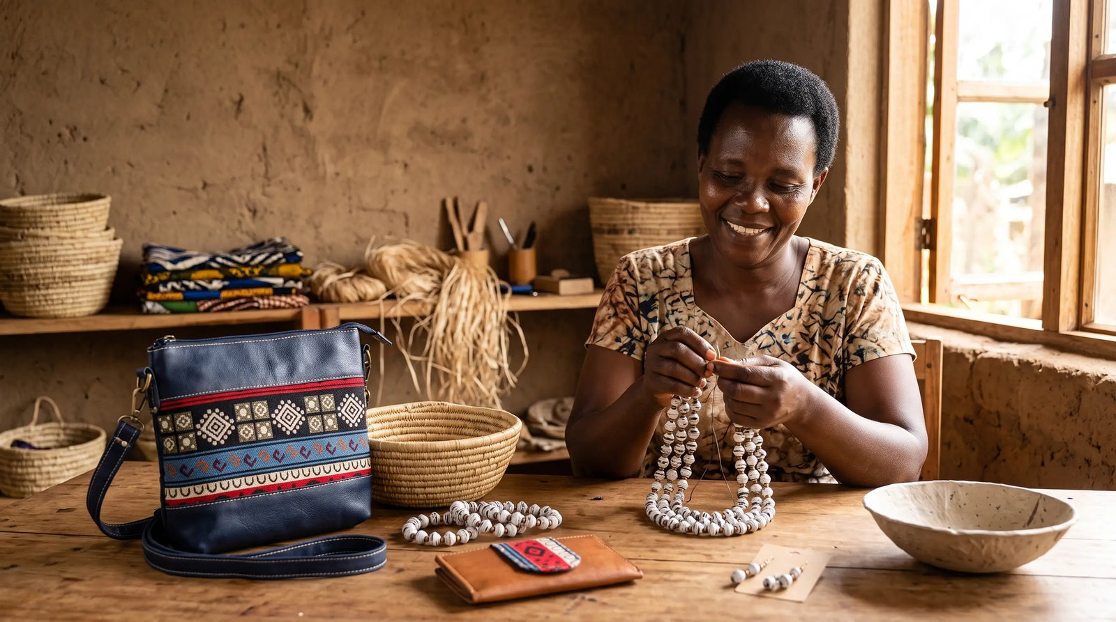 Smiling African artisan crafting bead necklaces in a workshop with handmade bags and woven baskets.