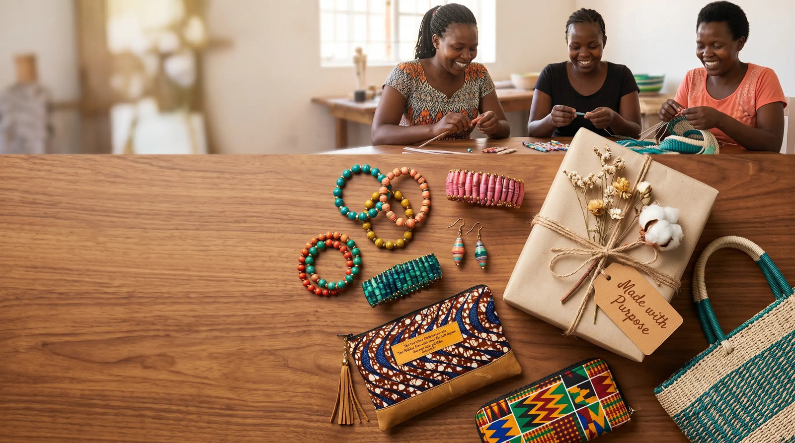 Artisans making handmade beaded jewelry and ethical fashion accessories on a wooden table with 'Made with Purpose' gift.