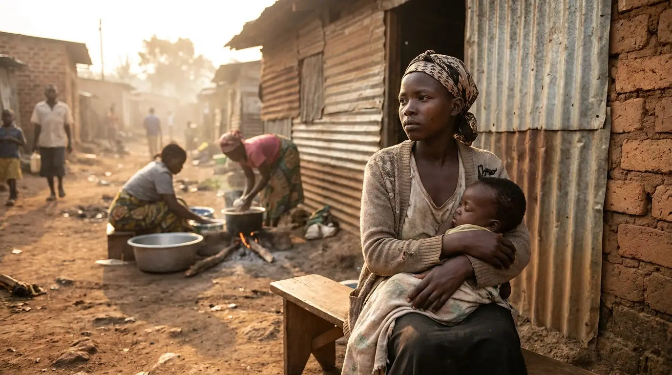 An African mother holding her baby in a rural village with corrugated metal houses and outdoor cooking fires.