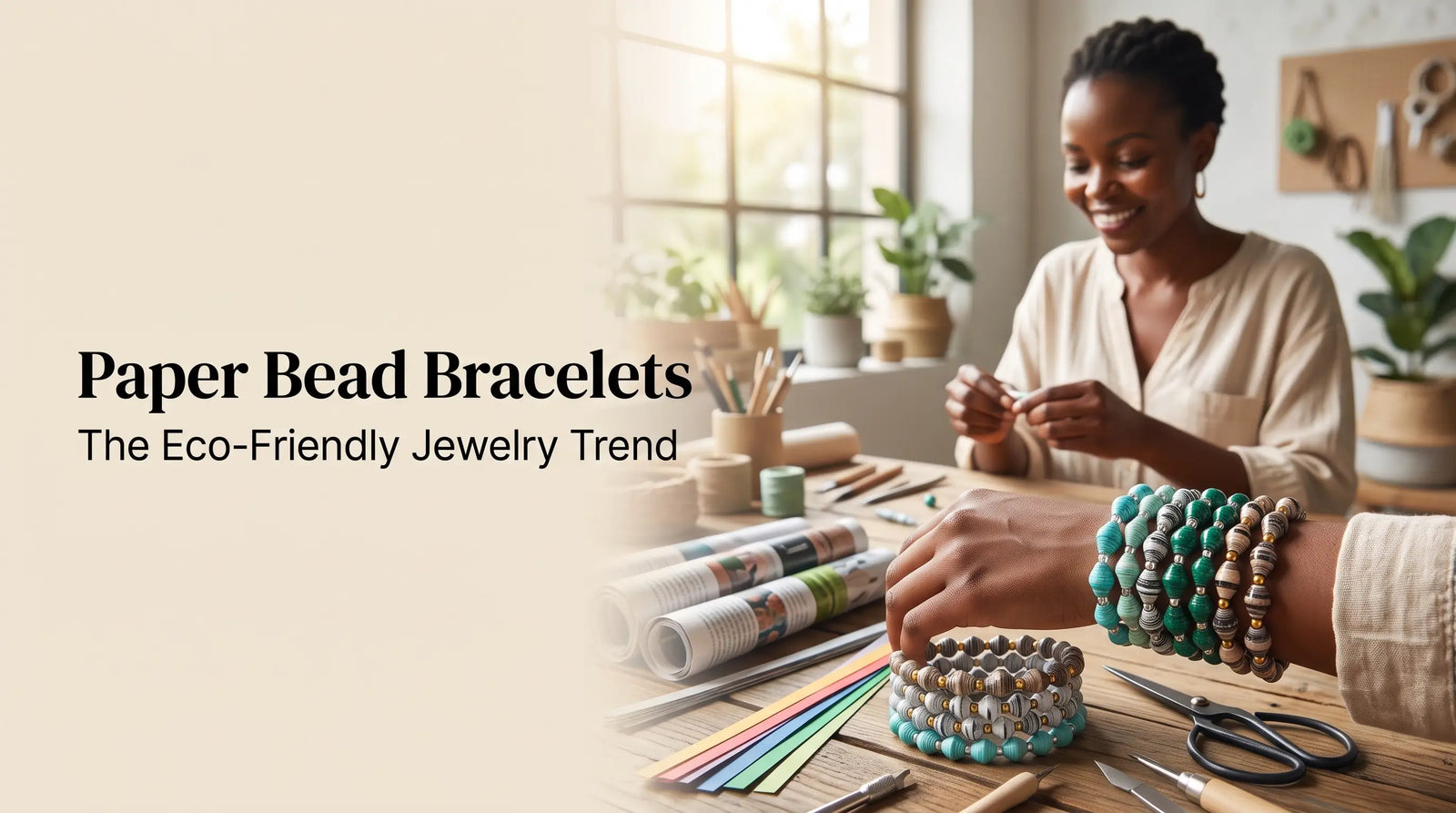 Stack of handmade eco-friendly paper bead bracelets in teal and neutral tones worn by a crafter in a sunlit workshop.