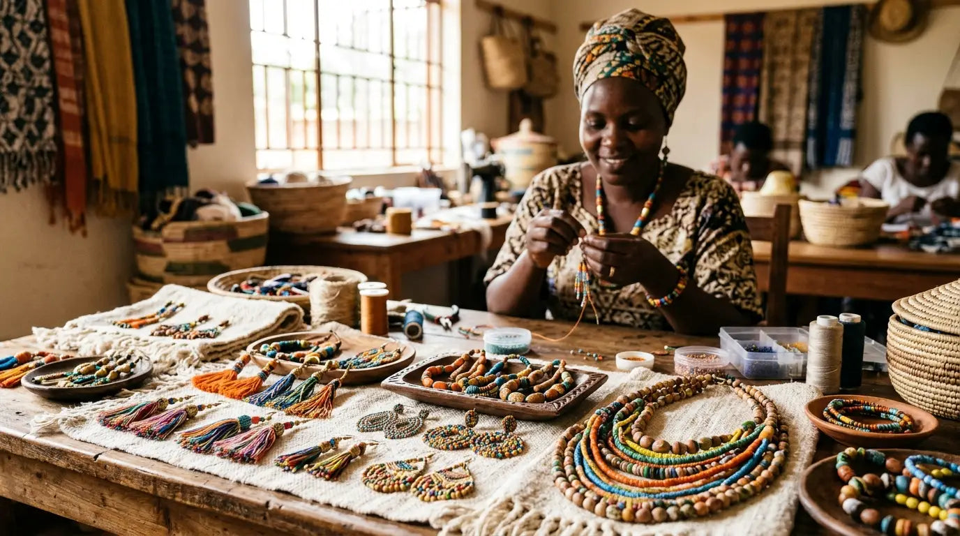 Artisan crafting colorful handmade beaded jewelry and necklaces in a vibrant workshop filled with accessories.