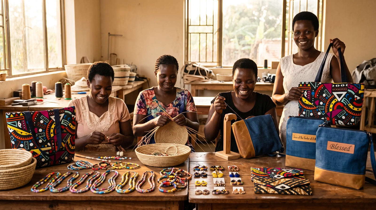 African women artisans crafting woven baskets, beaded jewelry, and patterned tote bags in a bright sunny workshop.