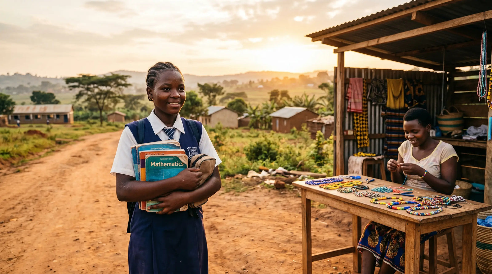 A smiling African schoolgirl holding books walks past a woman crafting beaded jewelry at a rural market stall at sunset.