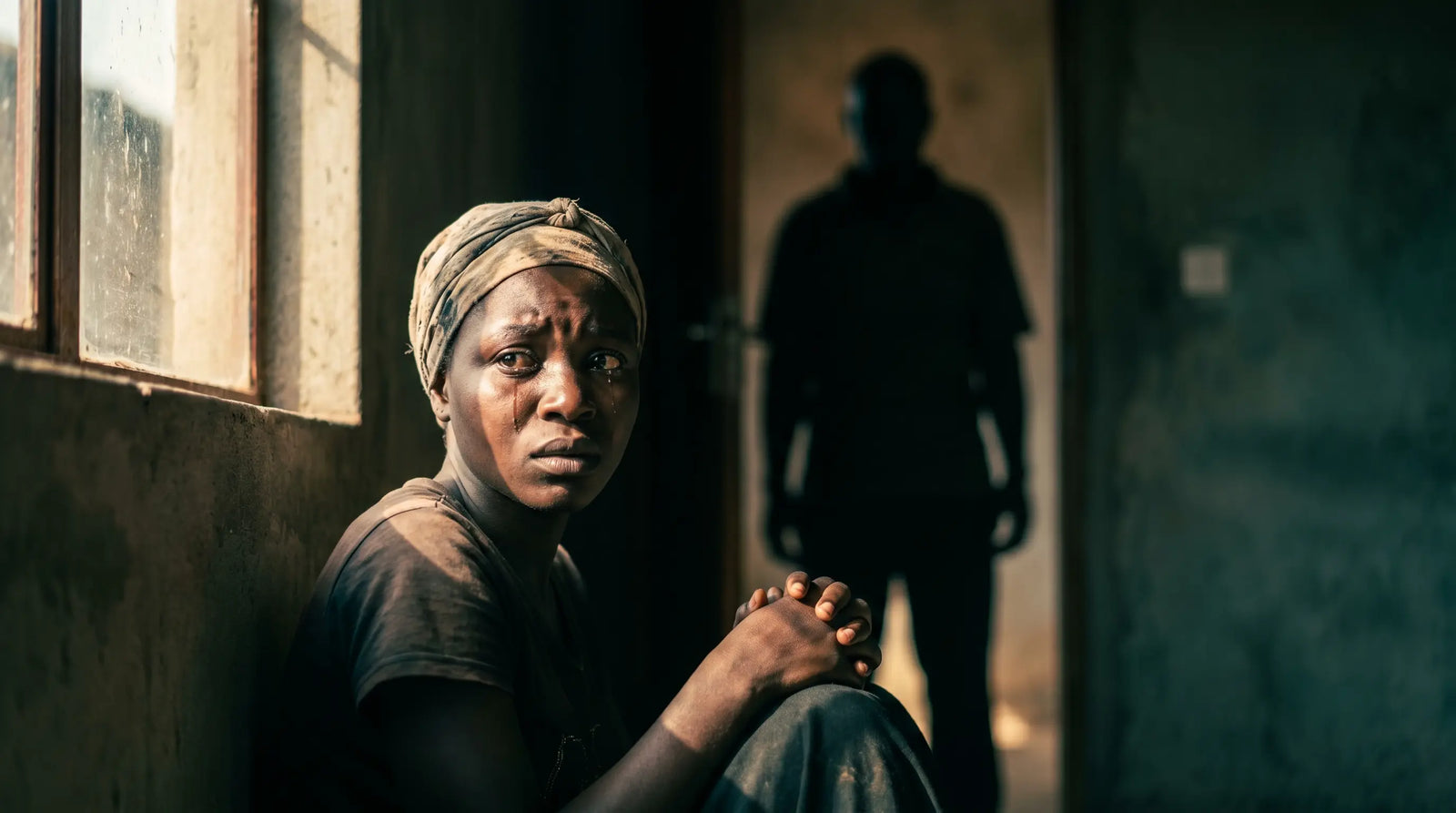 A crying woman sits by a window in a dim room with a shadowy male silhouette standing in the doorway.