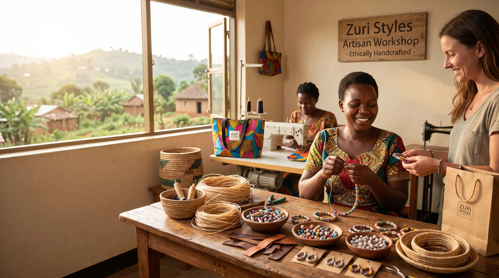 Artisans handcrafting ethical beaded jewelry and accessories at the Zuri Styles Artisan Workshop.