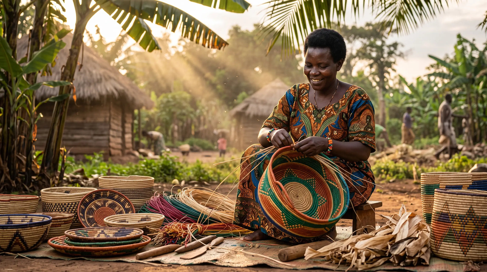 Smiling artisan weaving a handmade African basket in a sunlit village setting with traditional thatched huts.