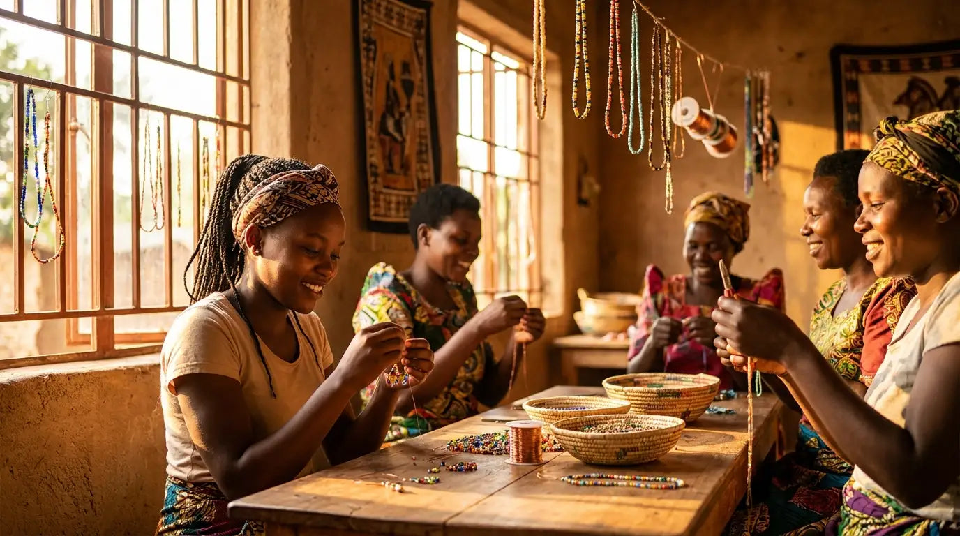 African women artisans hand-beading colorful jewelry at a wooden table in a sunlit workshop with hanging necklaces.