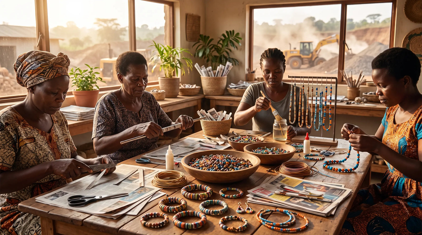 African women artisans handcrafting colorful recycled paper bead jewelry and bracelets in a sunlit sustainable workshop.