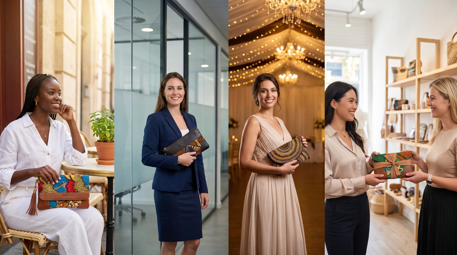Diverse women showcasing versatile patterned clutch bags for work, formal events, and casual style.