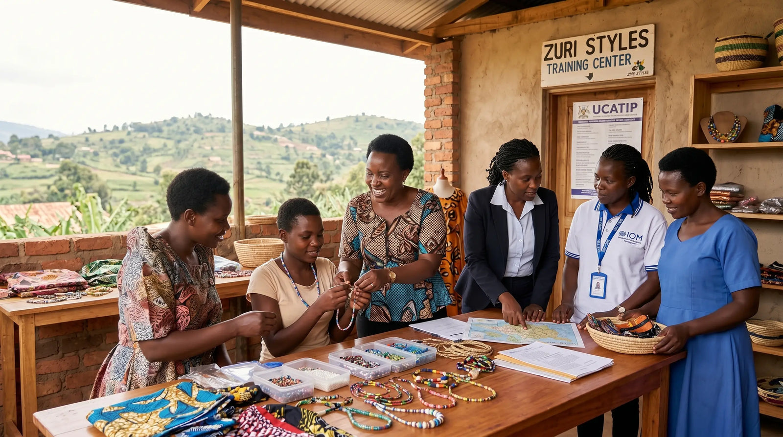 Artisans crafting handmade beaded jewelry at the Zuri Styles Training Center workshop overlooking green hills.