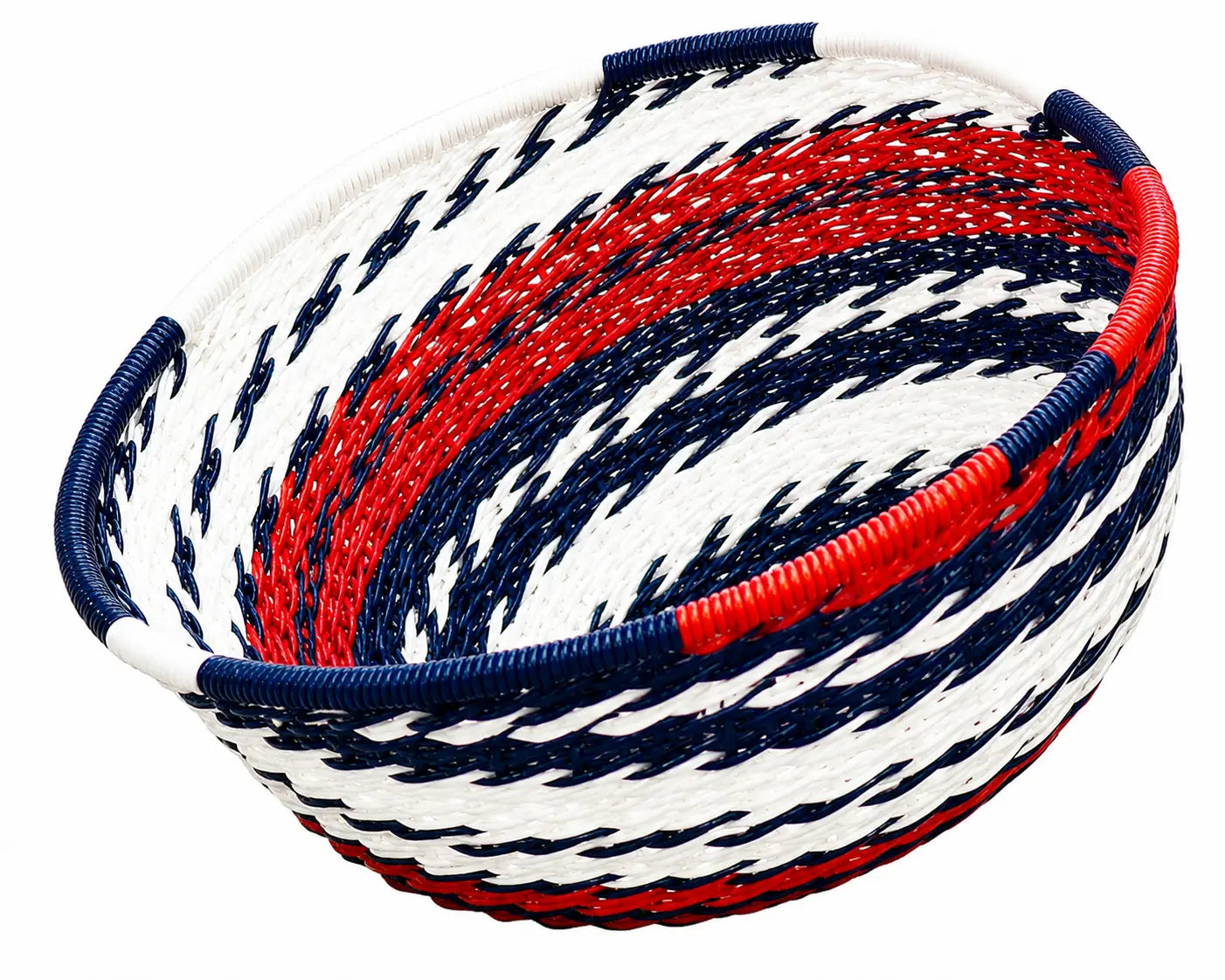 Round woven basket with a patriotic red, white, and blue striped spiral design for home decor.