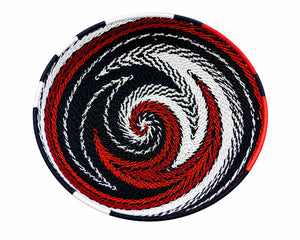 Decorative red, white, and blue woven basket bowl with a nautical striped pattern for home organization.