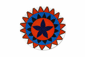 Hand-woven Zulu telephone wire basket with vibrant orange, blue, and black geometric star pattern on white background.