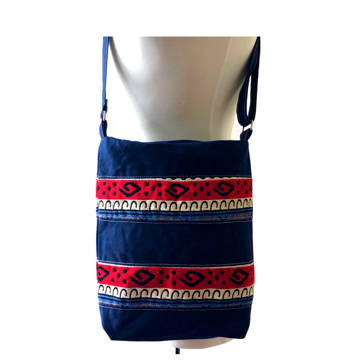 Handwoven Crossbody Purse - Navy, Red & White