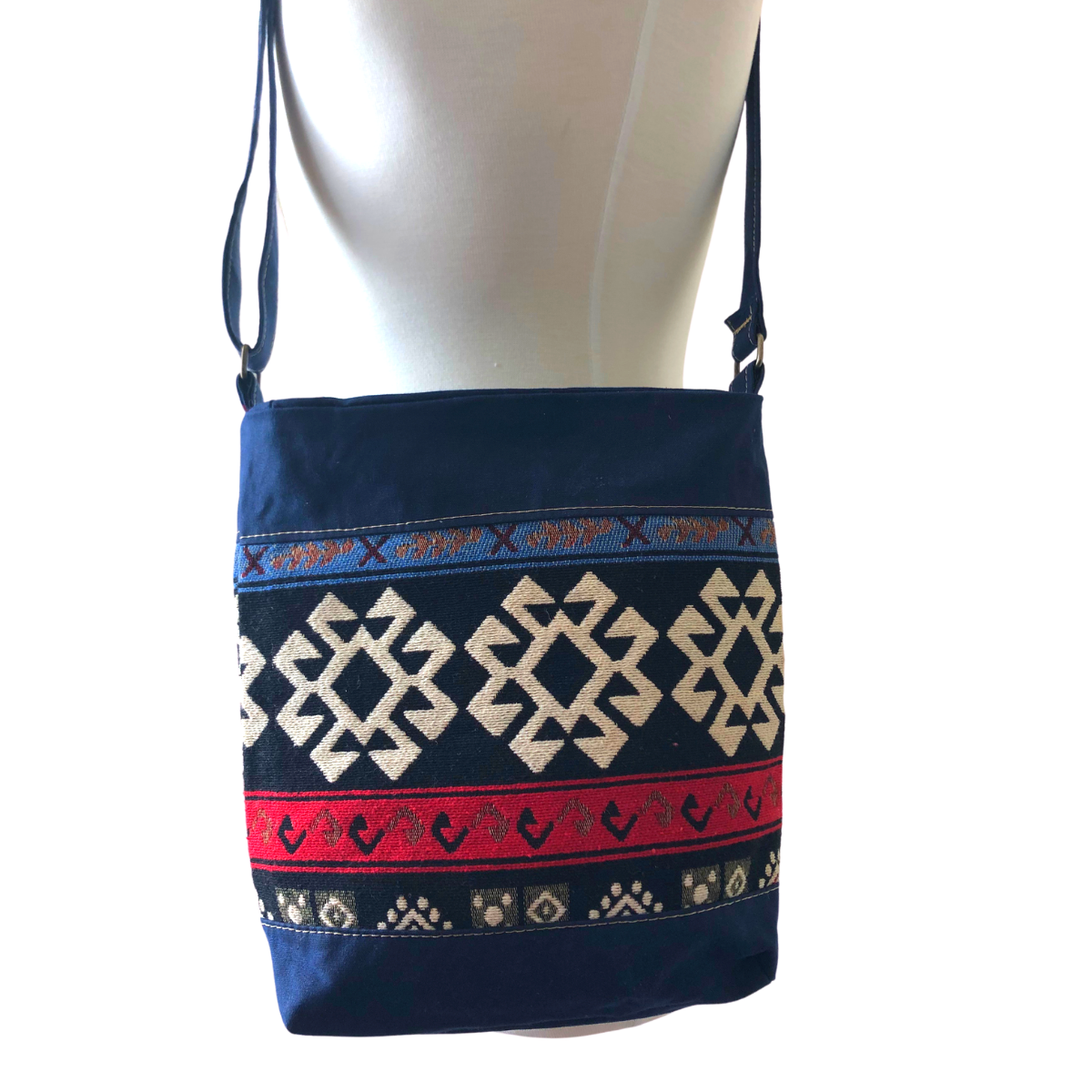 Handwoven Crossbody Purse - Navy, Red, Black & White