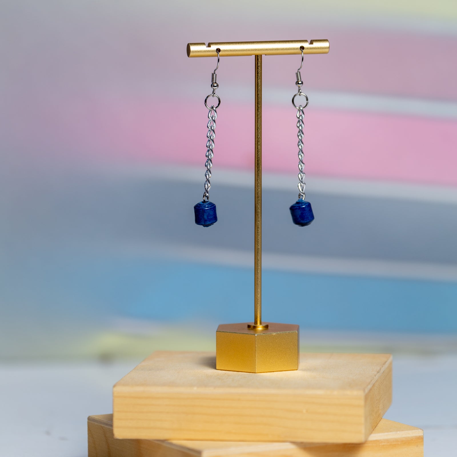 Recycled Paper Bead Teardrop Earrings - Navy
