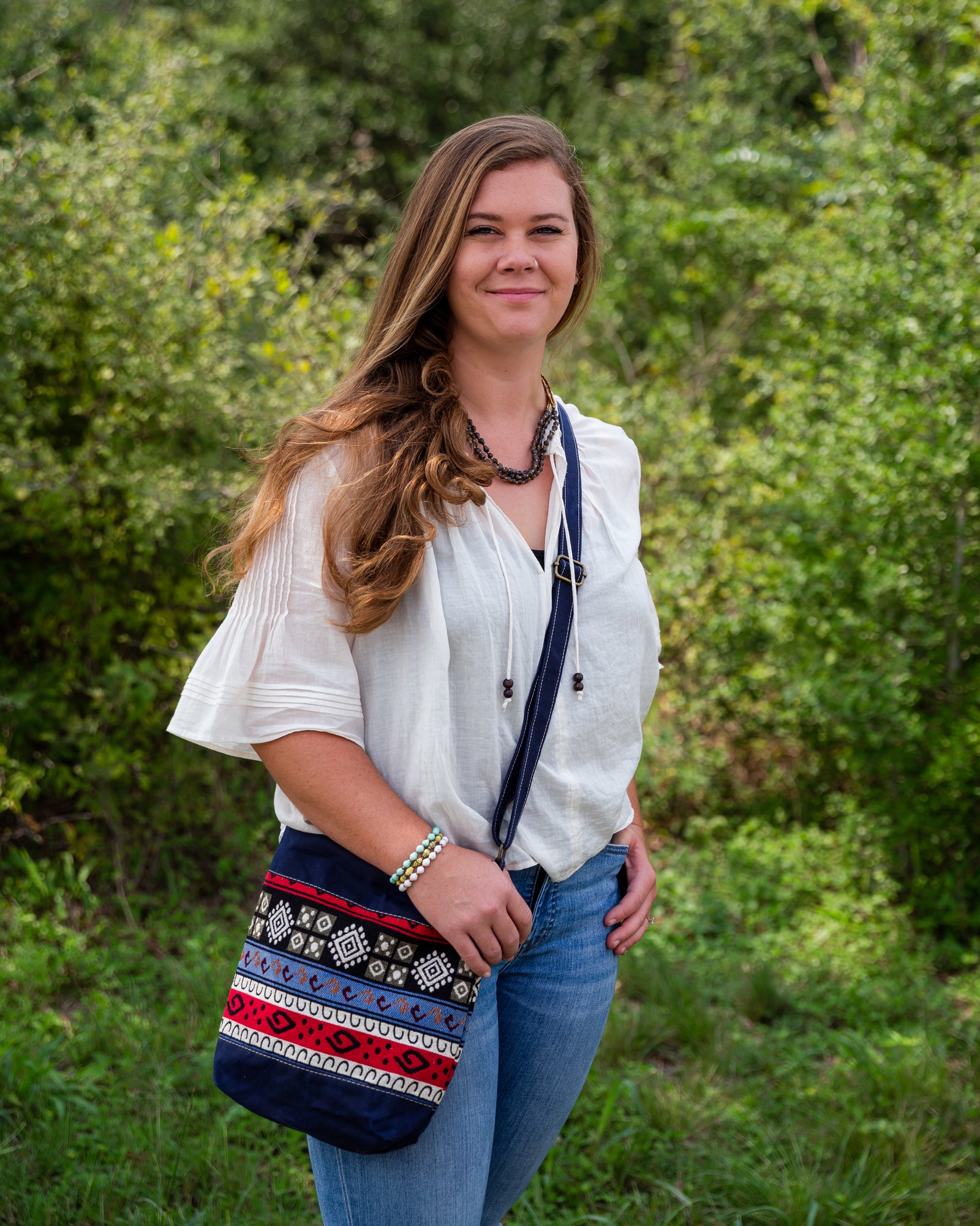 Handwoven Crossbody Purse - Navy, White & Red