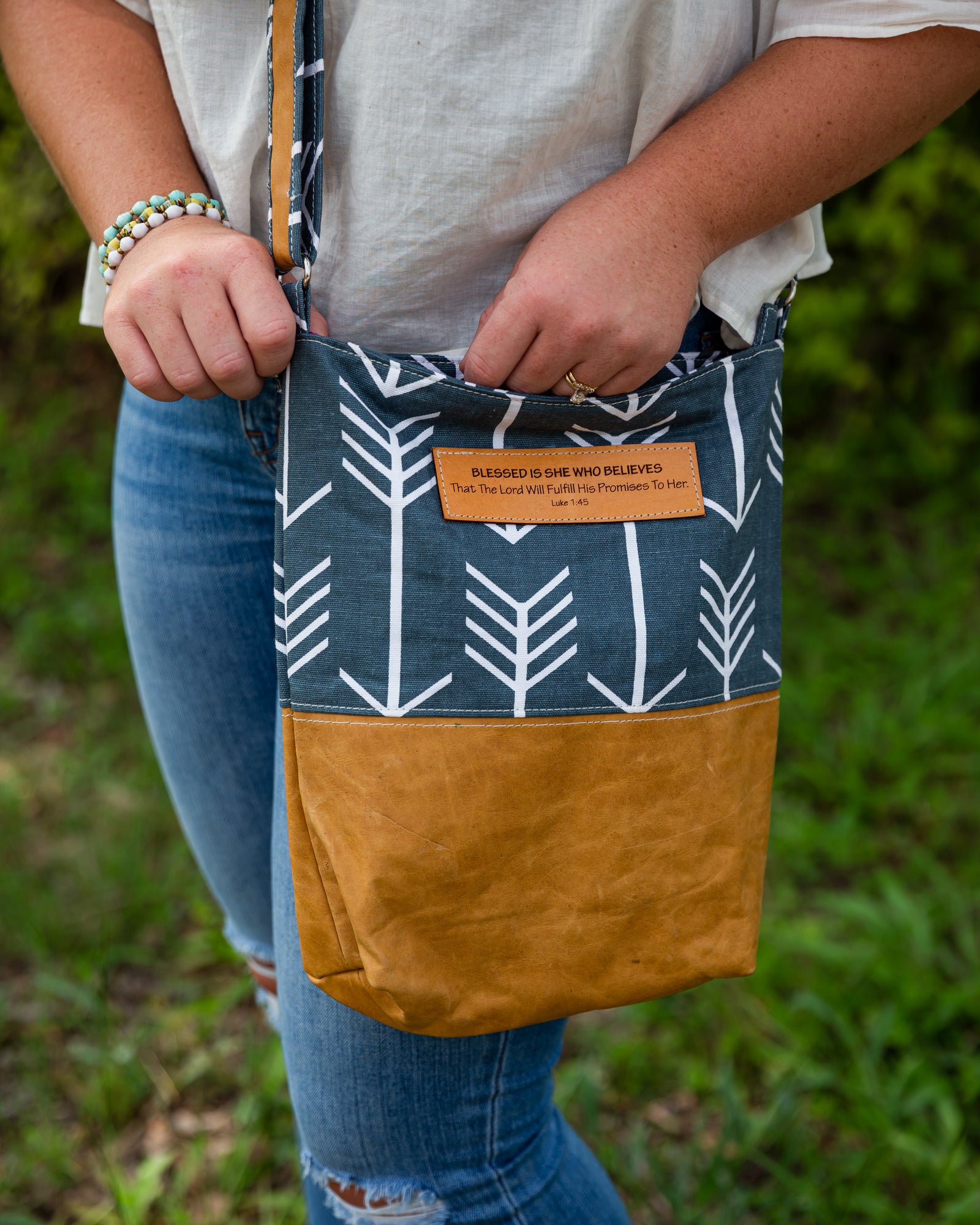 Fabric & Leather Crossbody Bag - Arrow Grey