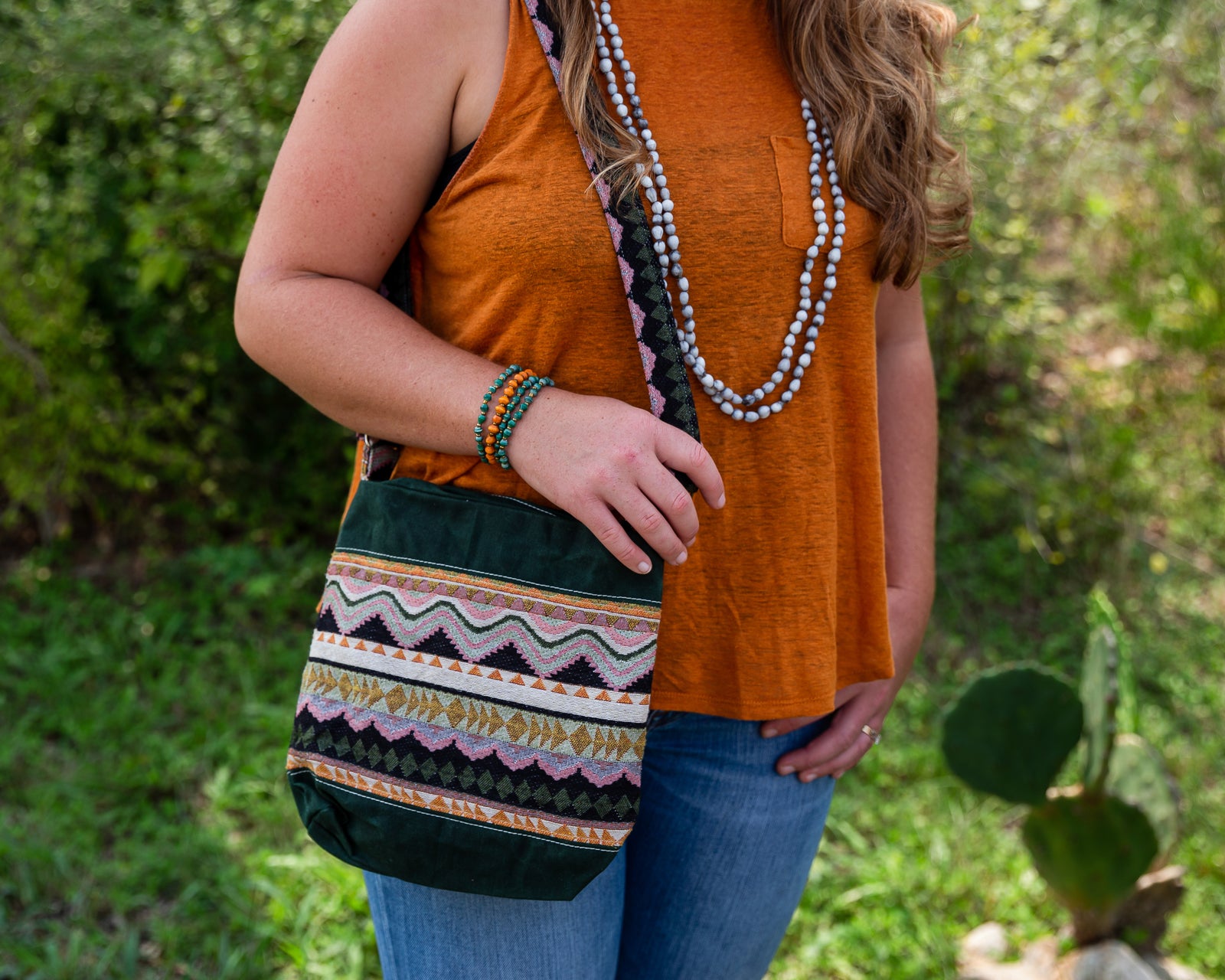 Handwoven Crossbody Purse - Green, pink & orange