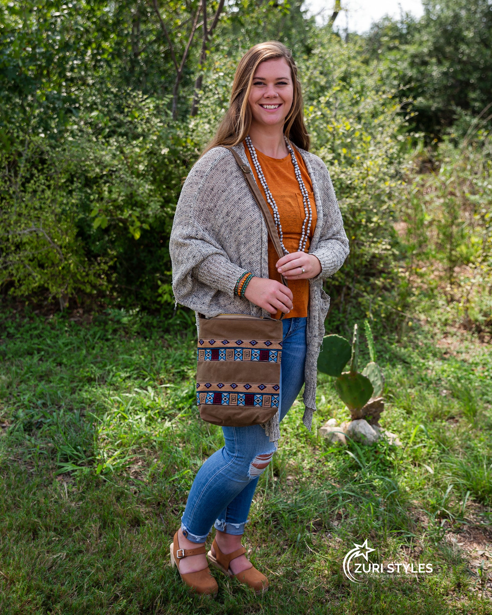 Handwoven Crossbody Purse - Brown with Geometric Shapes