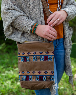 Handwoven Crossbody Purse - Brown with Geometric Shapes