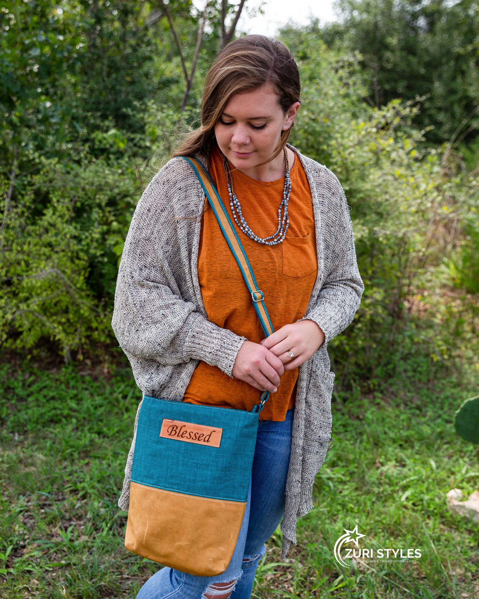 Fabric & Leather Crossbody Bag - Teal Blessed