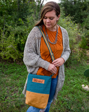 Fabric & Leather Crossbody Bag - Teal Blessed