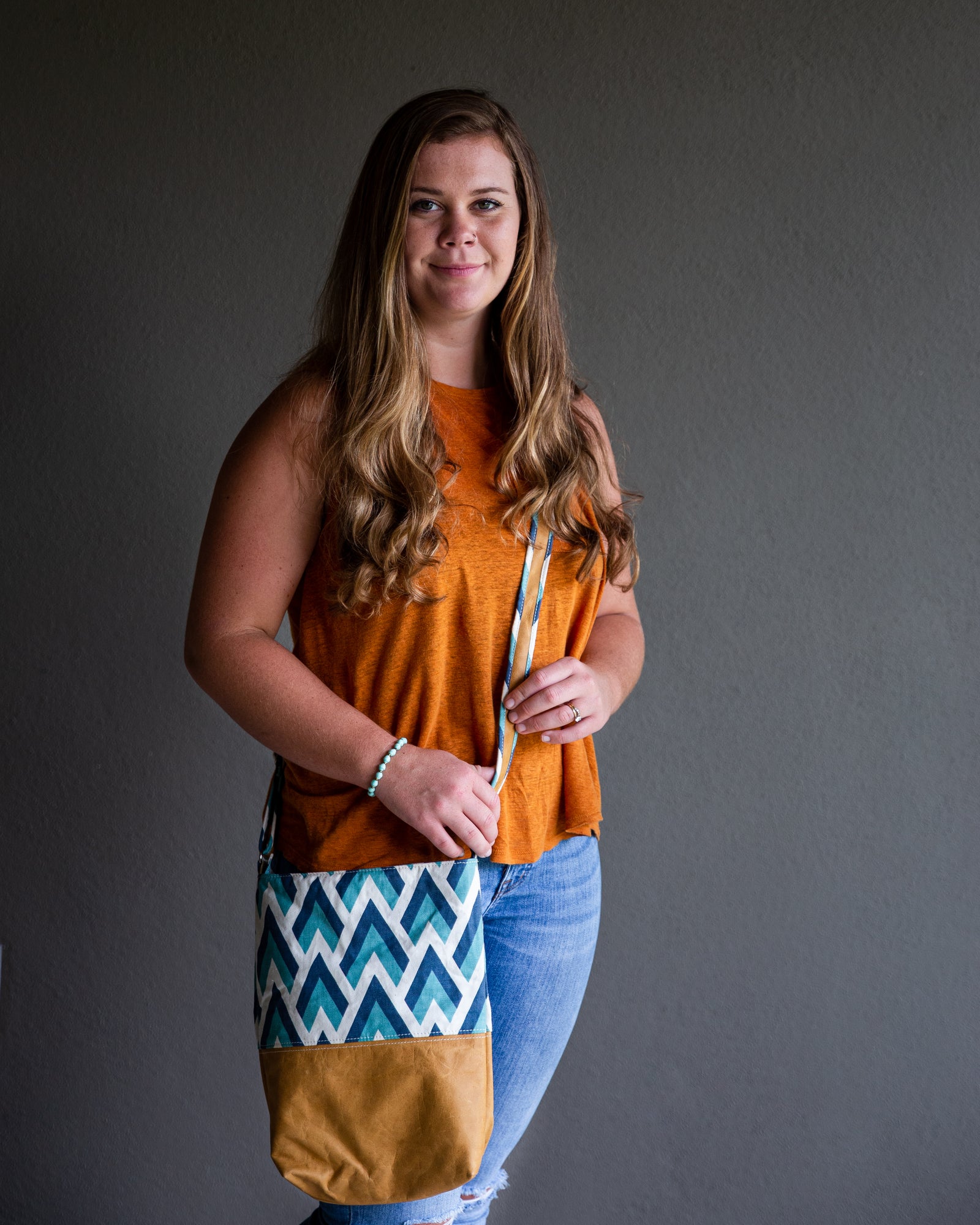 Fabric & Leather Crossbody Bag - Chevron