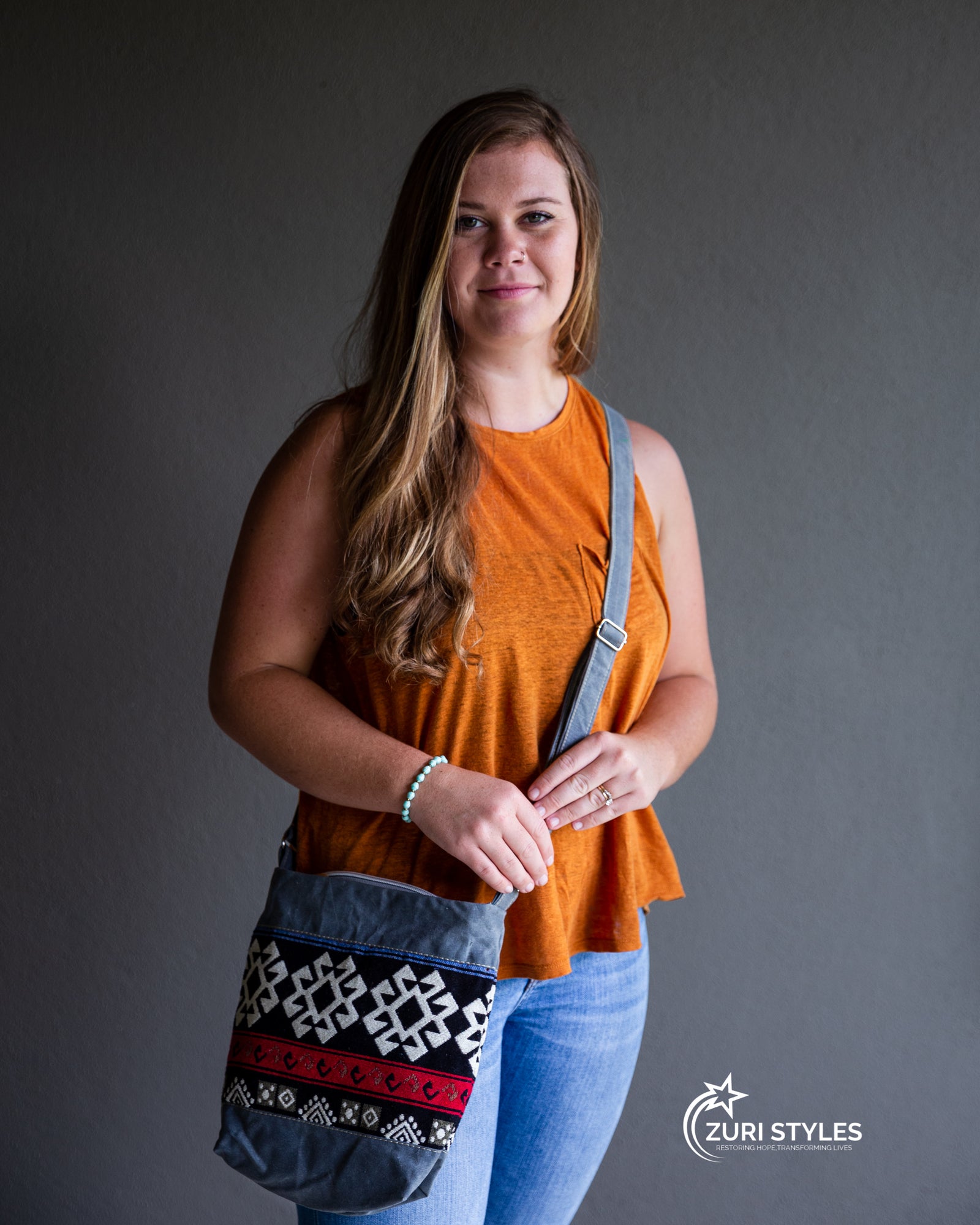 Handwoven Crossbody Purse - Grey, Red, Black and White