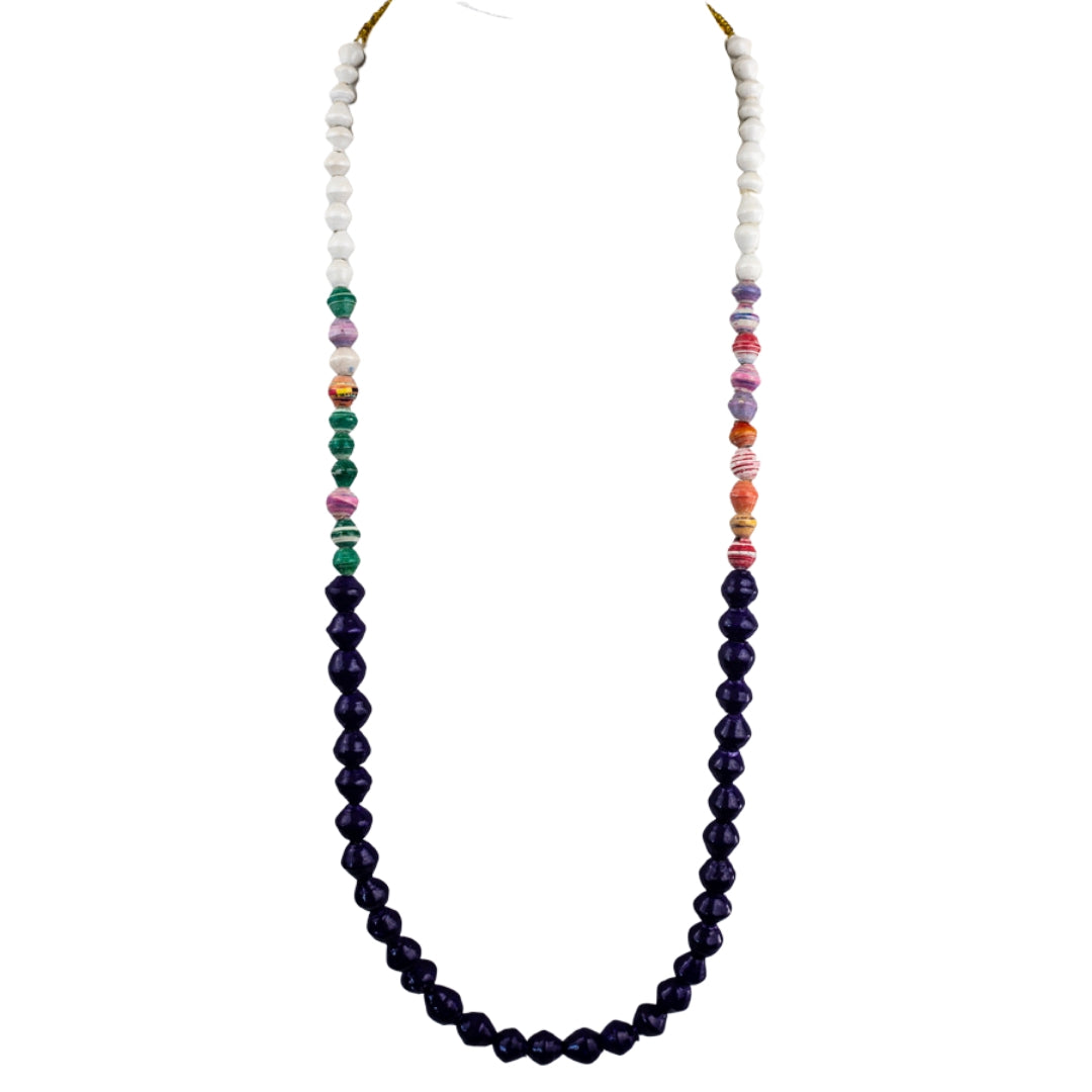 Recycled Paper Bead Necklace - Dark Purple Multi White Trio