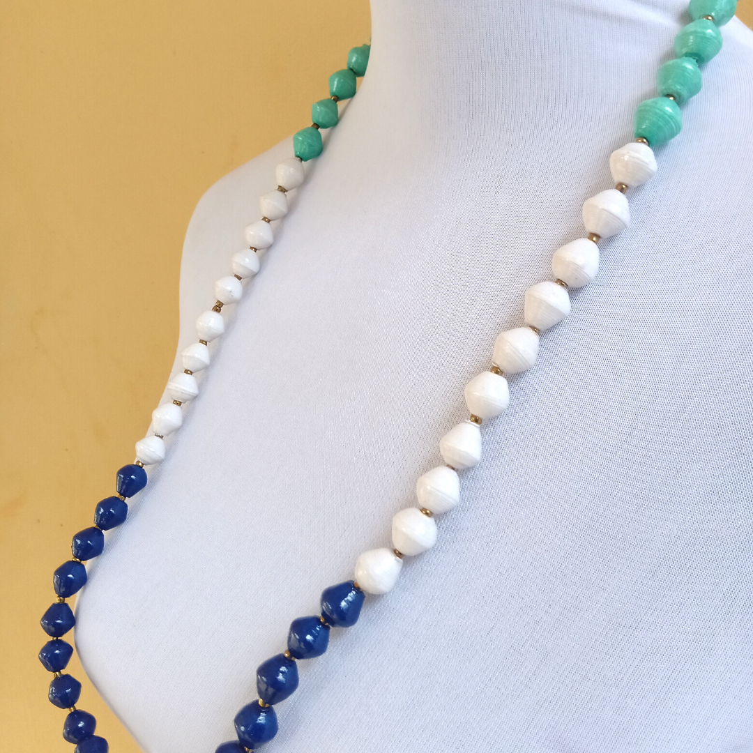 Recycled Paper Bead Necklace - Navy, Mint, White Trio