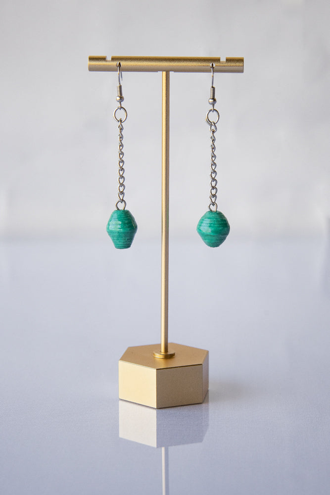 Recycled Paper Bead Teardrop Earrings - Teal