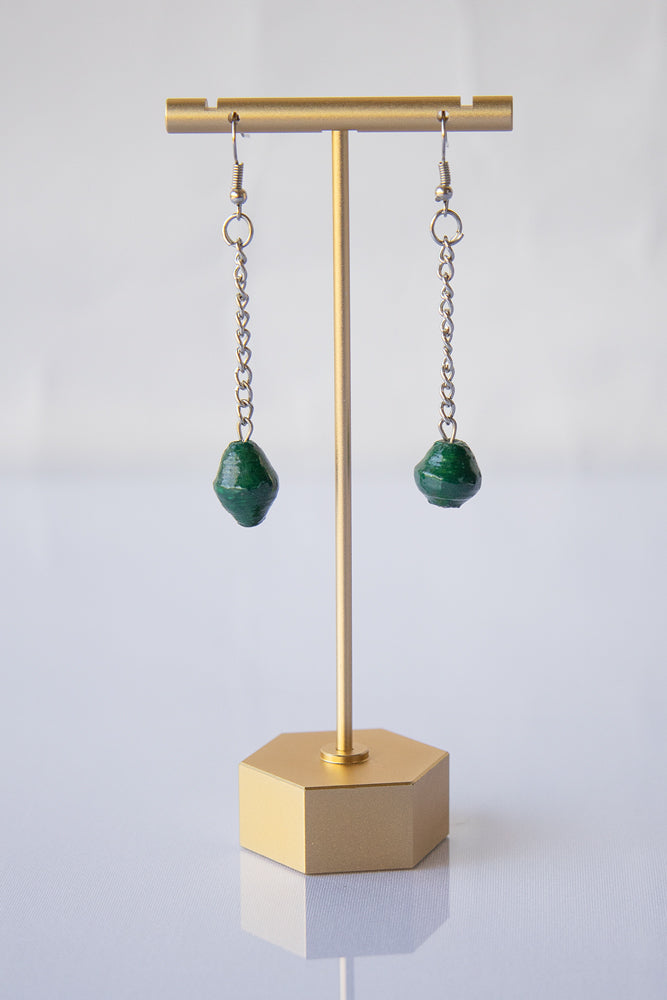 Recycled Paper Bead Teardrop Earrings - Dark green