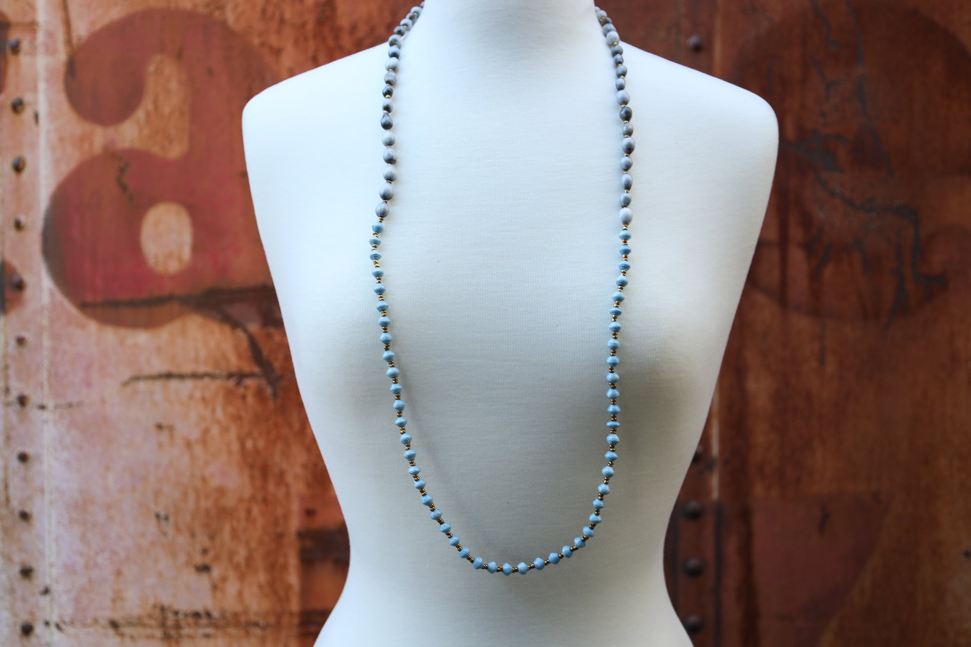 Natural seed and Recycled Paper Bead Necklace - Sky